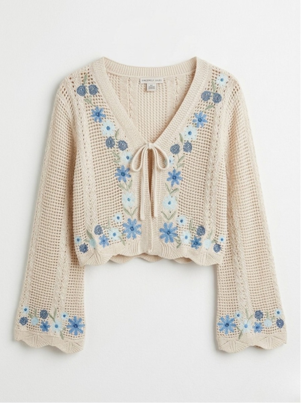 Sincerely Jules Cream Crochet V-Neck Sweater with Blue Floral Embroidery